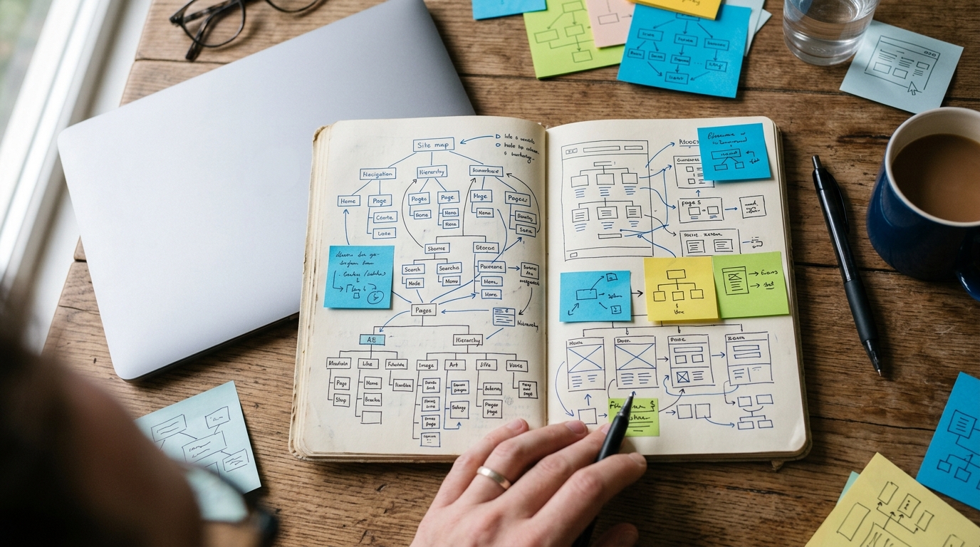 Carnet avec schémas d'arborescence de site et post-it, vue de dessus