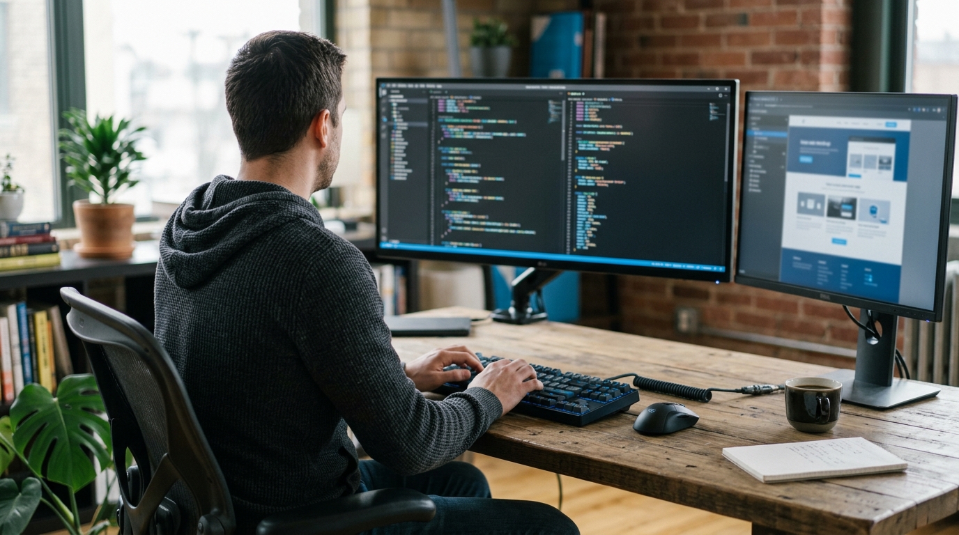 Développeur web codant sur deux écrans